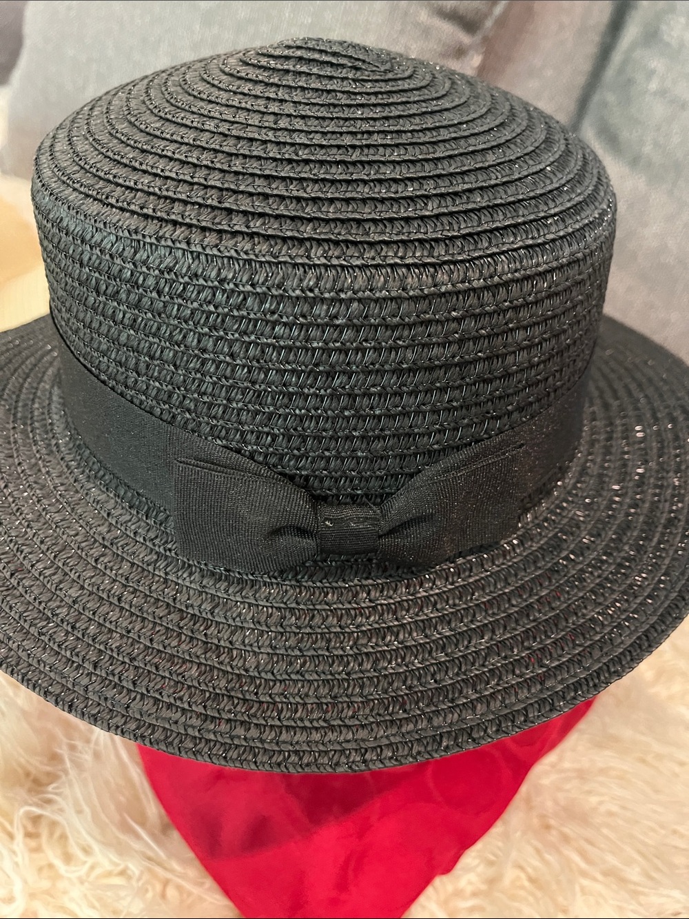 Black Straw Boater Hat with Ribbon Bow BRAND NEW